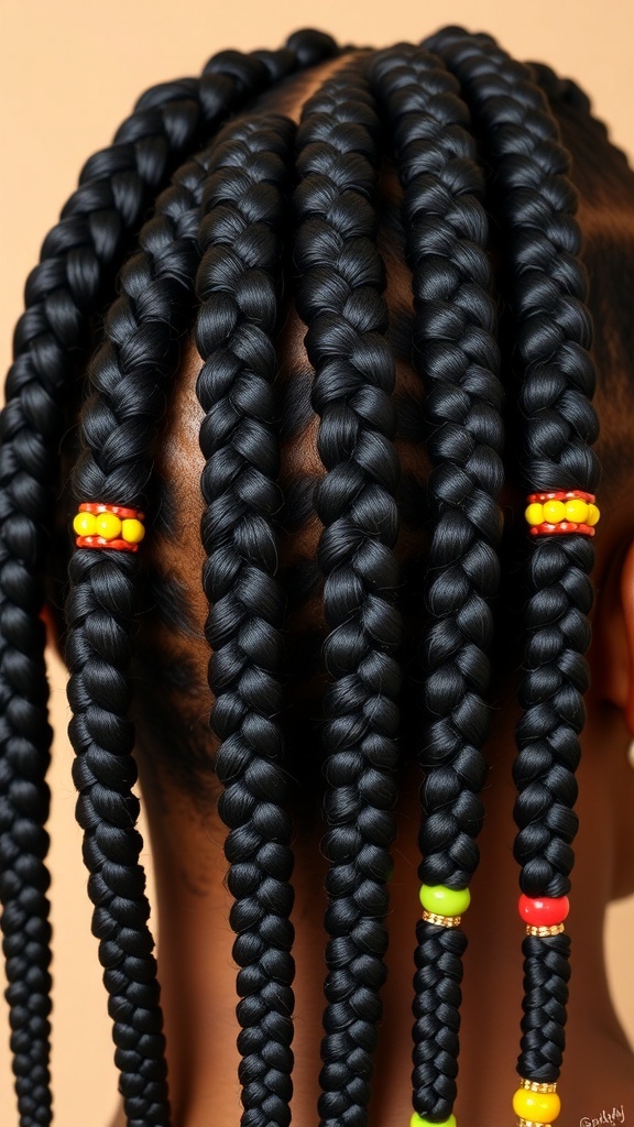 Five stylish cornrow braids on a black woman, adorned with colorful beads.